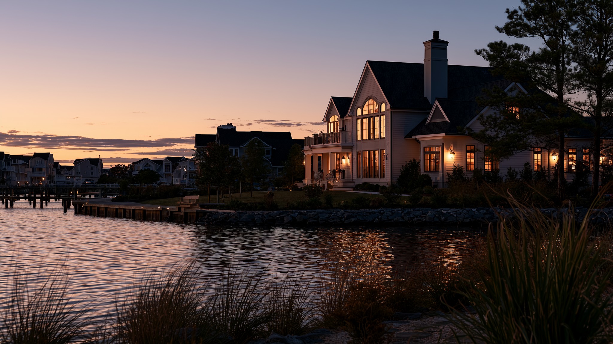 A beautifully lit home at dusk